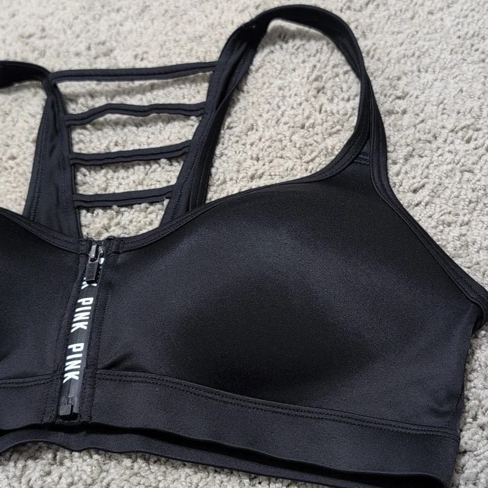 Victoria's Secret PINK Sports Bra Ladder Back Front Zip Black Size Medium - Picture 3 of 10